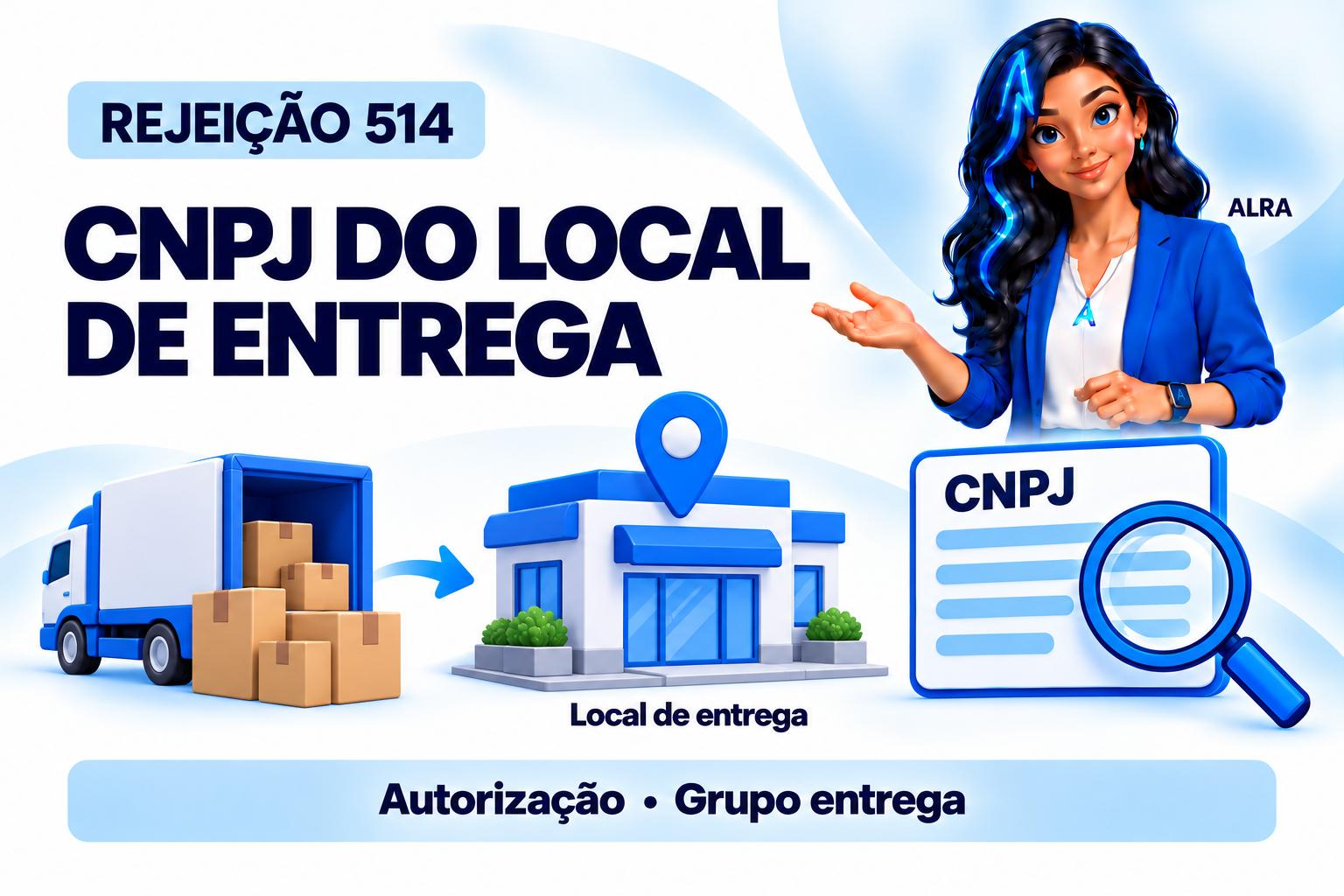 Capa ilustrada da ALRA: Rejeição 514: o CNPJ do local de entrega precisa corresponder ao recebedor correto.