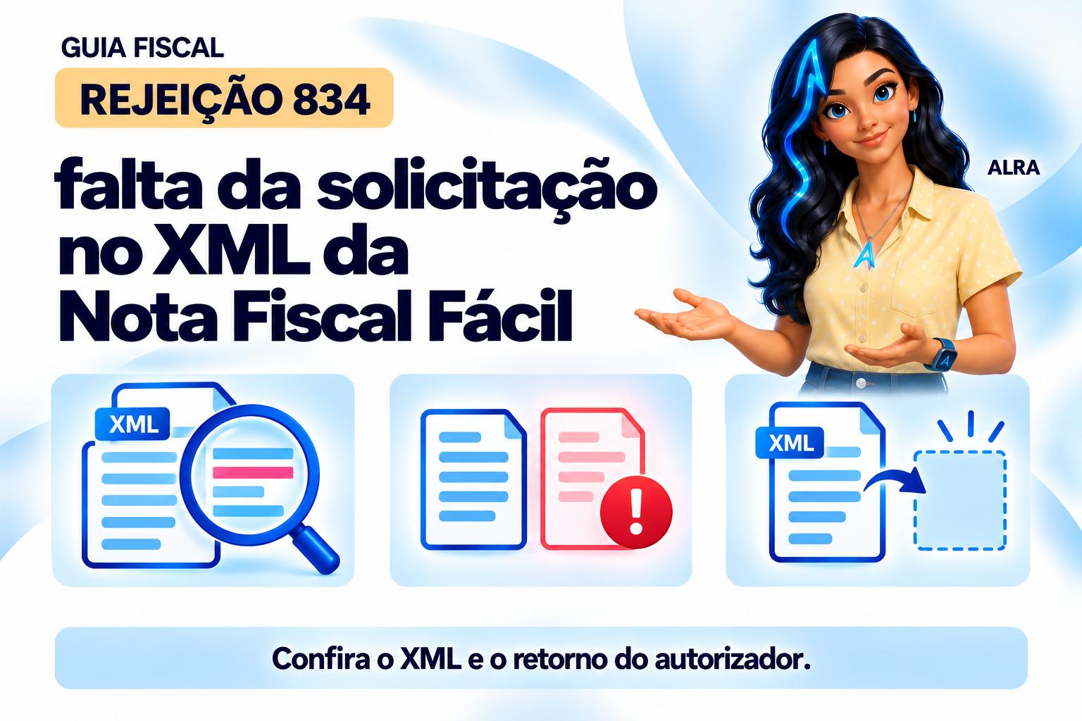 Capa ilustrada da ALRA: Rejeição 834: falta da solicitação no XML da Nota Fiscal Fácil.