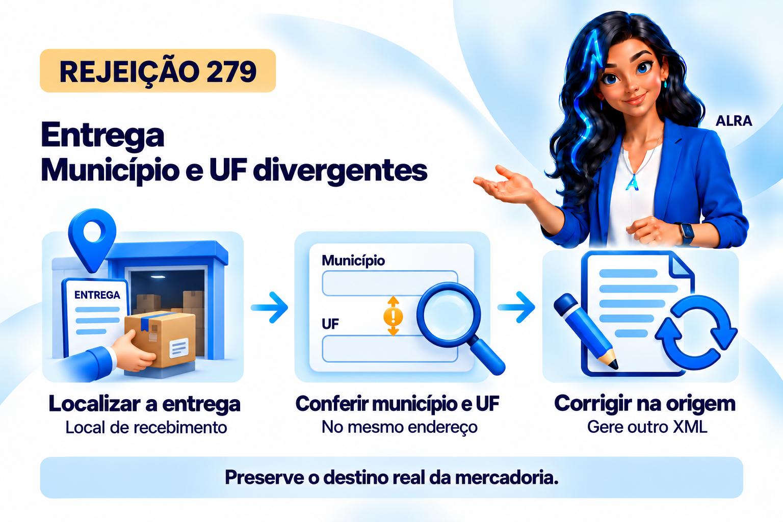 Capa ilustrada da ALRA: Rejeição 279: como corrigir município e UF do local de entrega.