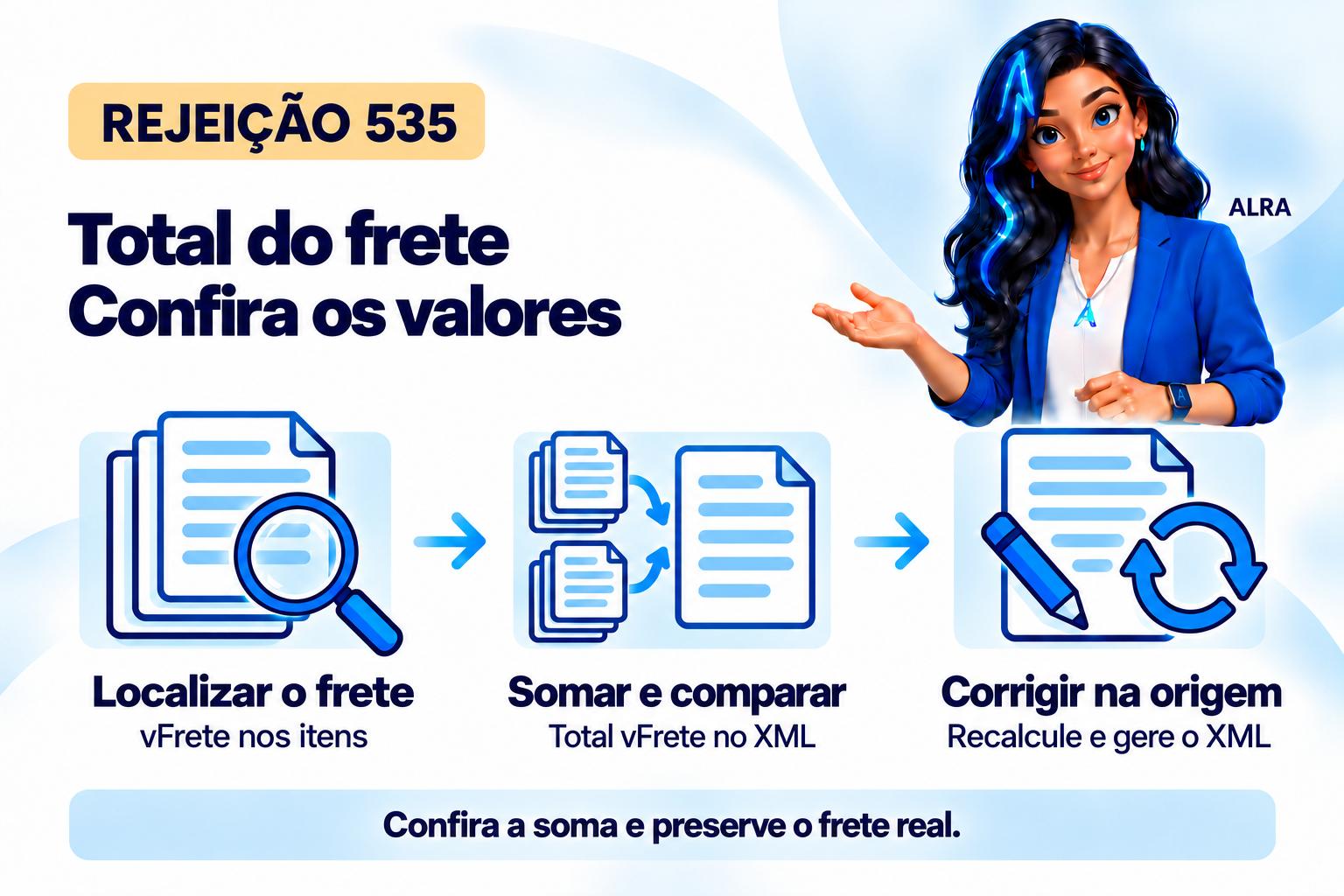 Capa ilustrada da ALRA: Rejeição 535: como conferir o frete dos itens e o total da nota.