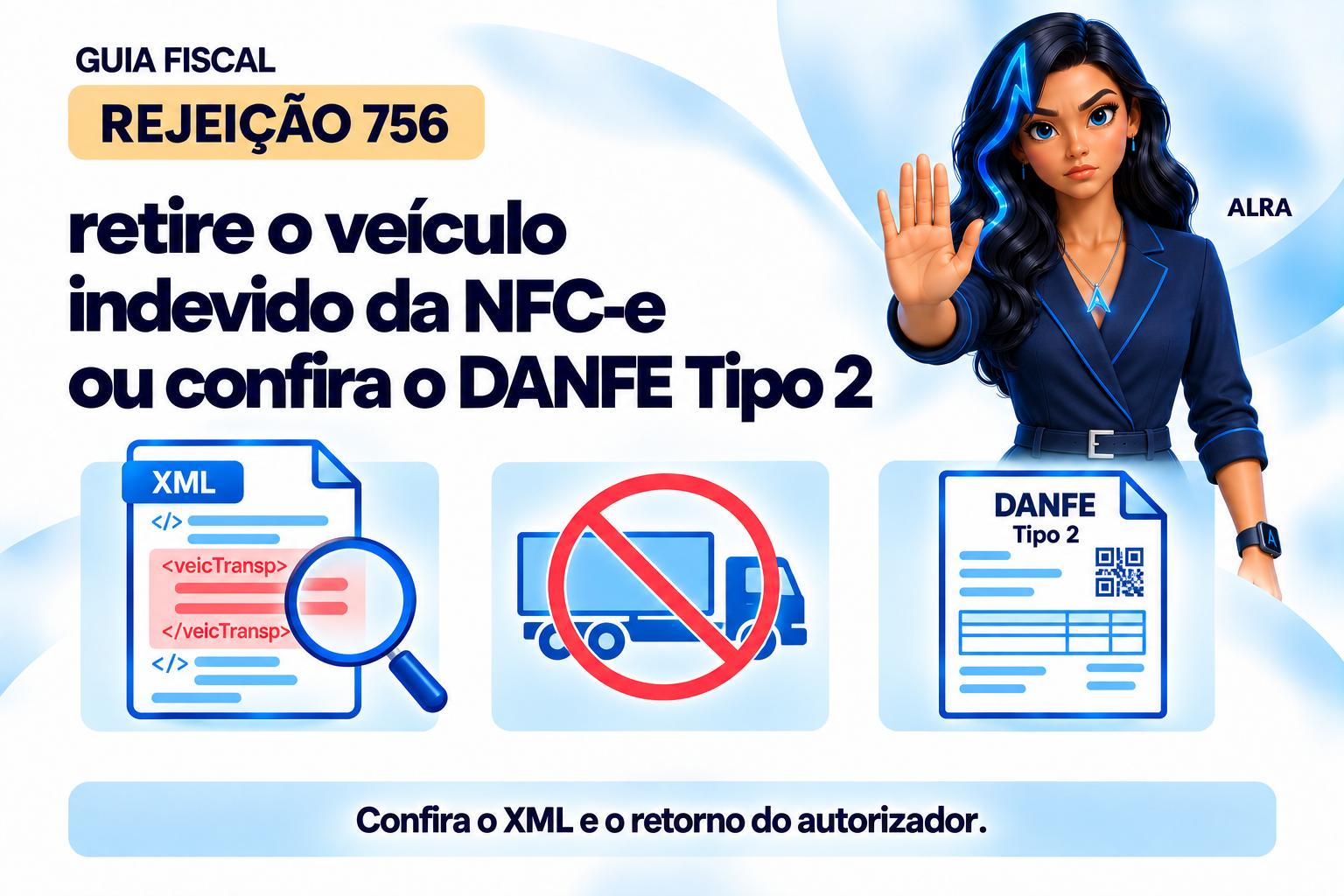 Capa ilustrada da ALRA: Rejeição 756: retire o veículo indevido da NFC-e ou confira o DANFE Tipo 2.