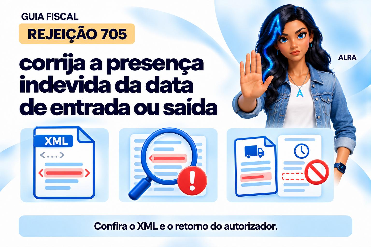Capa ilustrada da ALRA: Rejeição 705: corrija a presença indevida da data de entrada ou saída.
