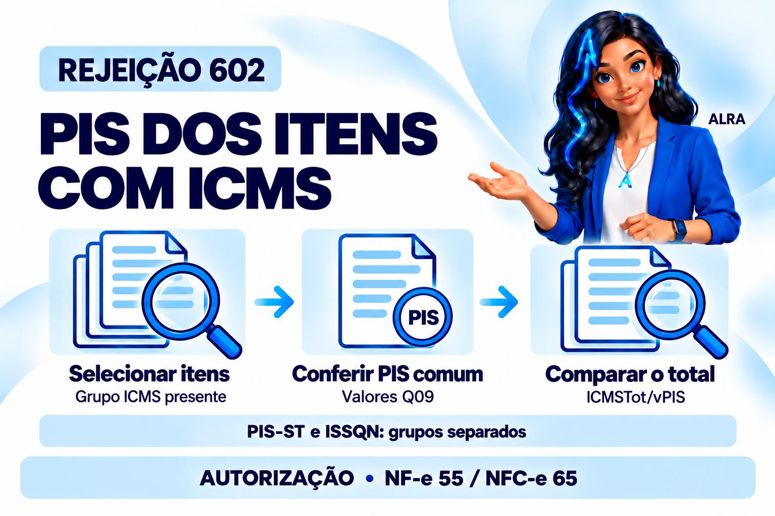 Capa ilustrada da ALRA: Rejeição 602: como separar o PIS dos itens sujeitos ao ICMS.