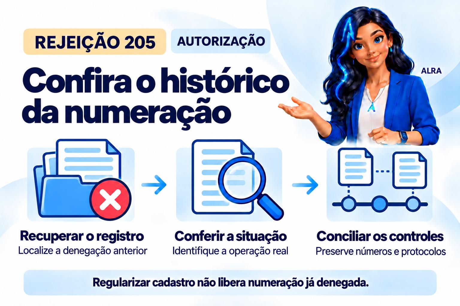 Capa ilustrada da ALRA: Rejeição 205: NF-e denegada na base da SEFAZ. Como conferir o histórico.