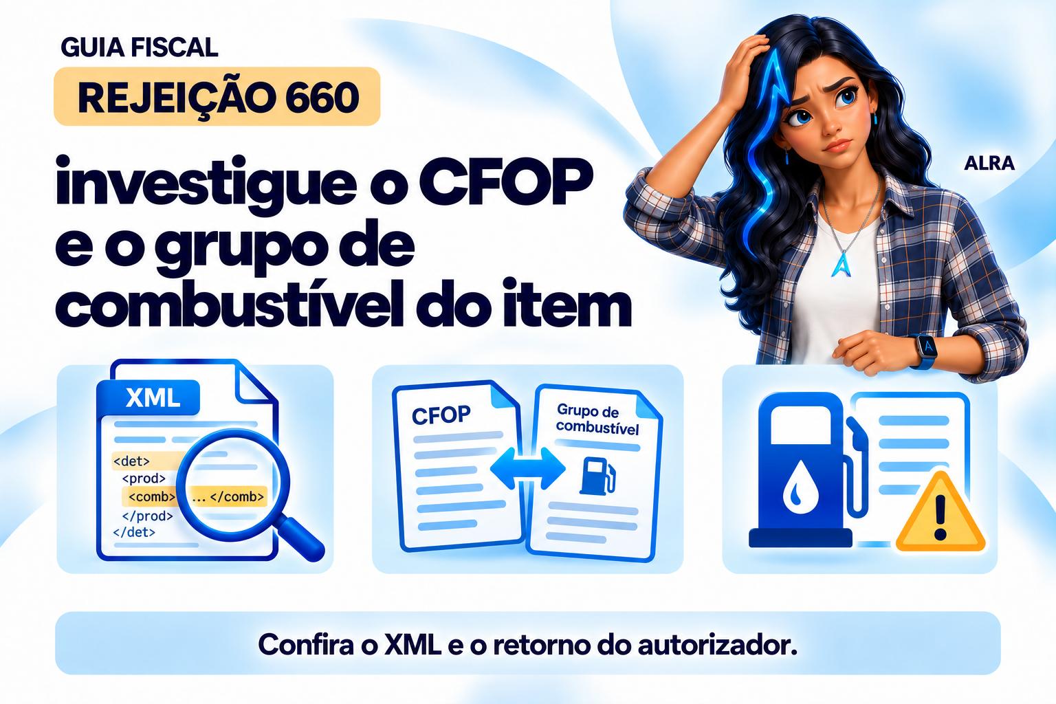 Capa ilustrada da ALRA: Rejeição 660: investigue o CFOP e o grupo de combustível do item.