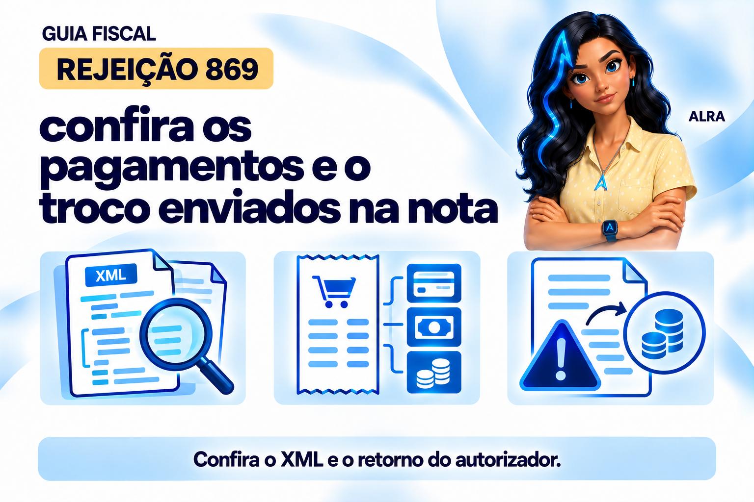 Capa ilustrada da ALRA: Rejeição 869: confira os pagamentos e o troco enviados na nota.