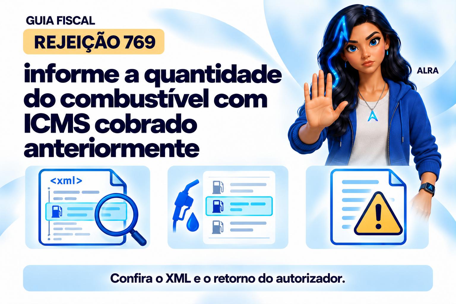 Capa ilustrada da ALRA: Rejeição 769: informe a quantidade do combustível com ICMS cobrado anteriormente.
