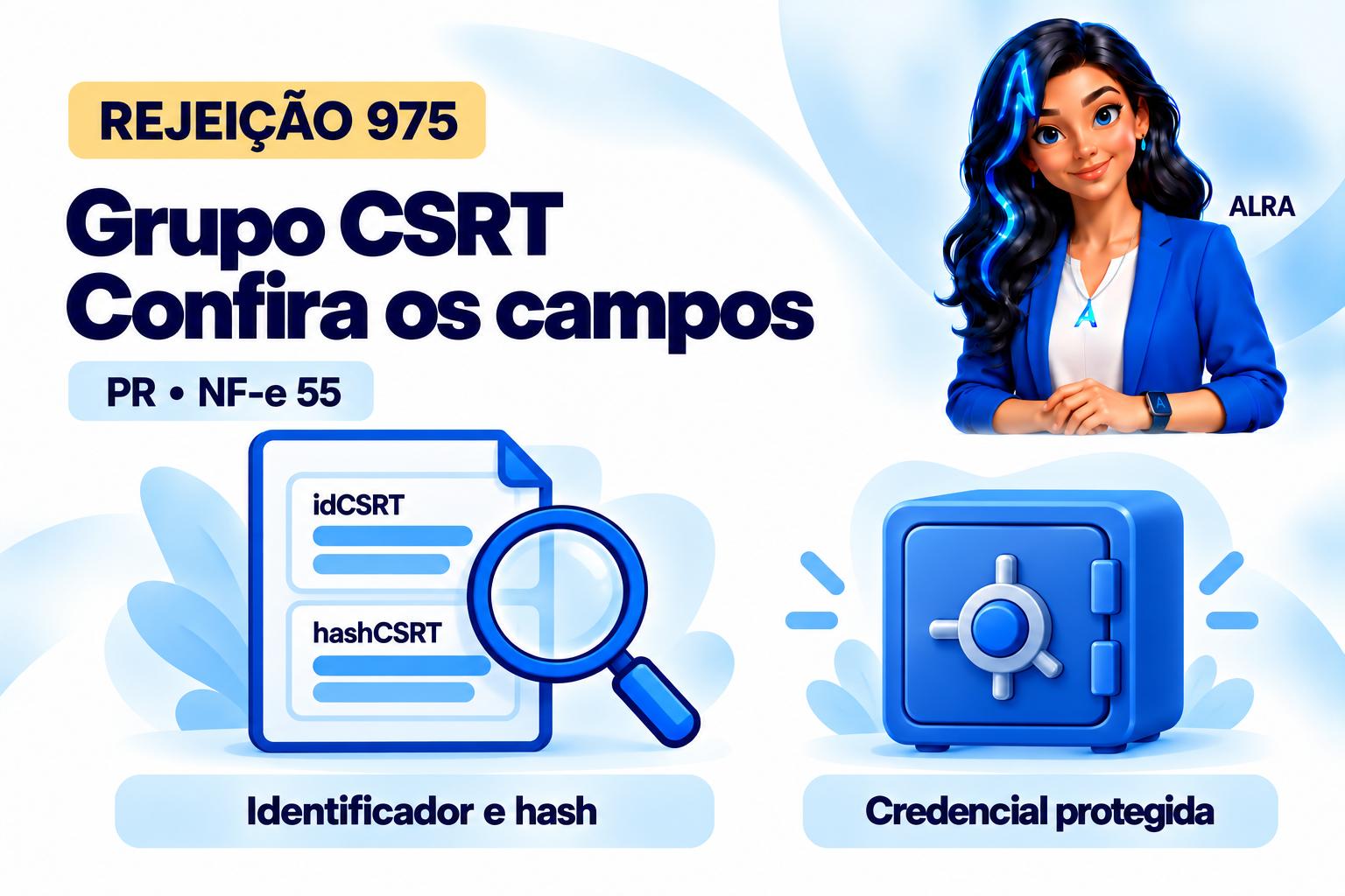 Capa ilustrada da ALRA: Rejeição 975: como informar o identificador e o hash do CSRT.