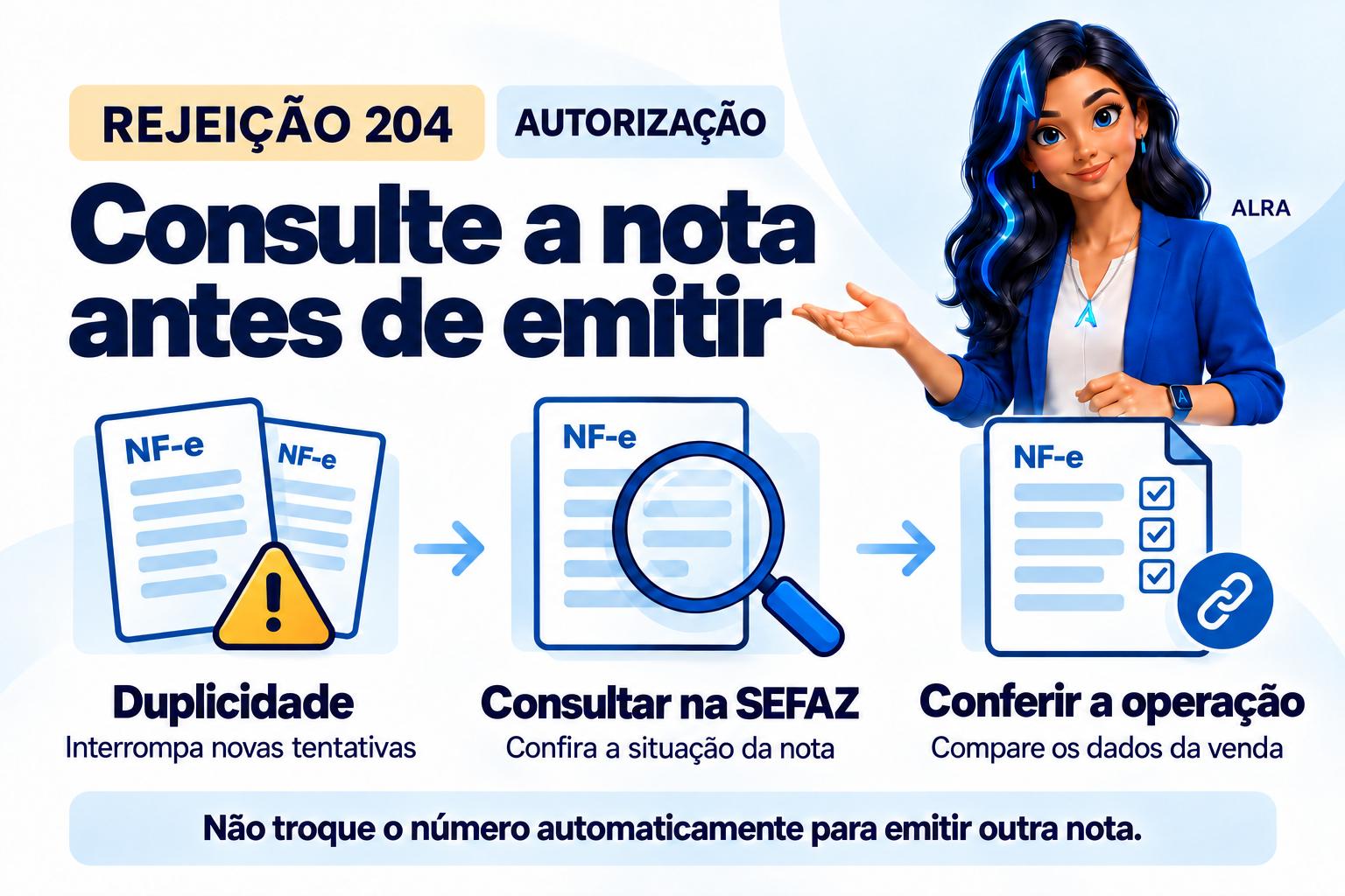 Capa ilustrada da ALRA: Rejeição 204: duplicidade de NF-e. Consulte antes de emitir novamente.