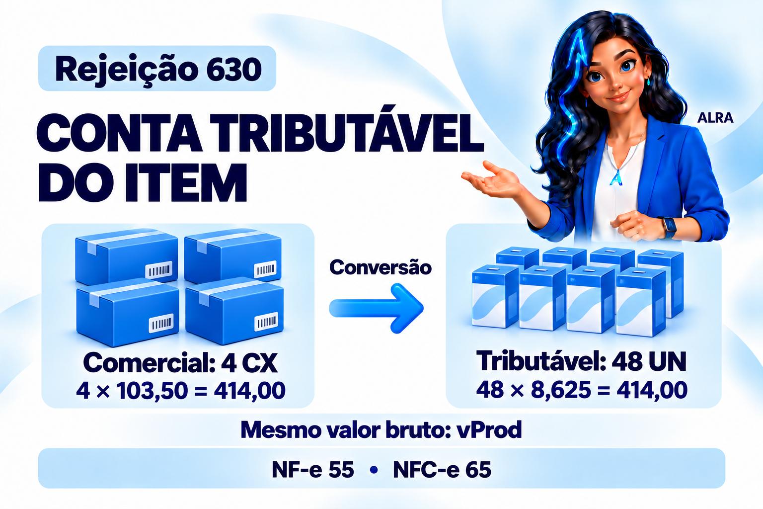 Capa ilustrada da ALRA: Rejeição 630: confira quantidade, preço e unidade tributável.