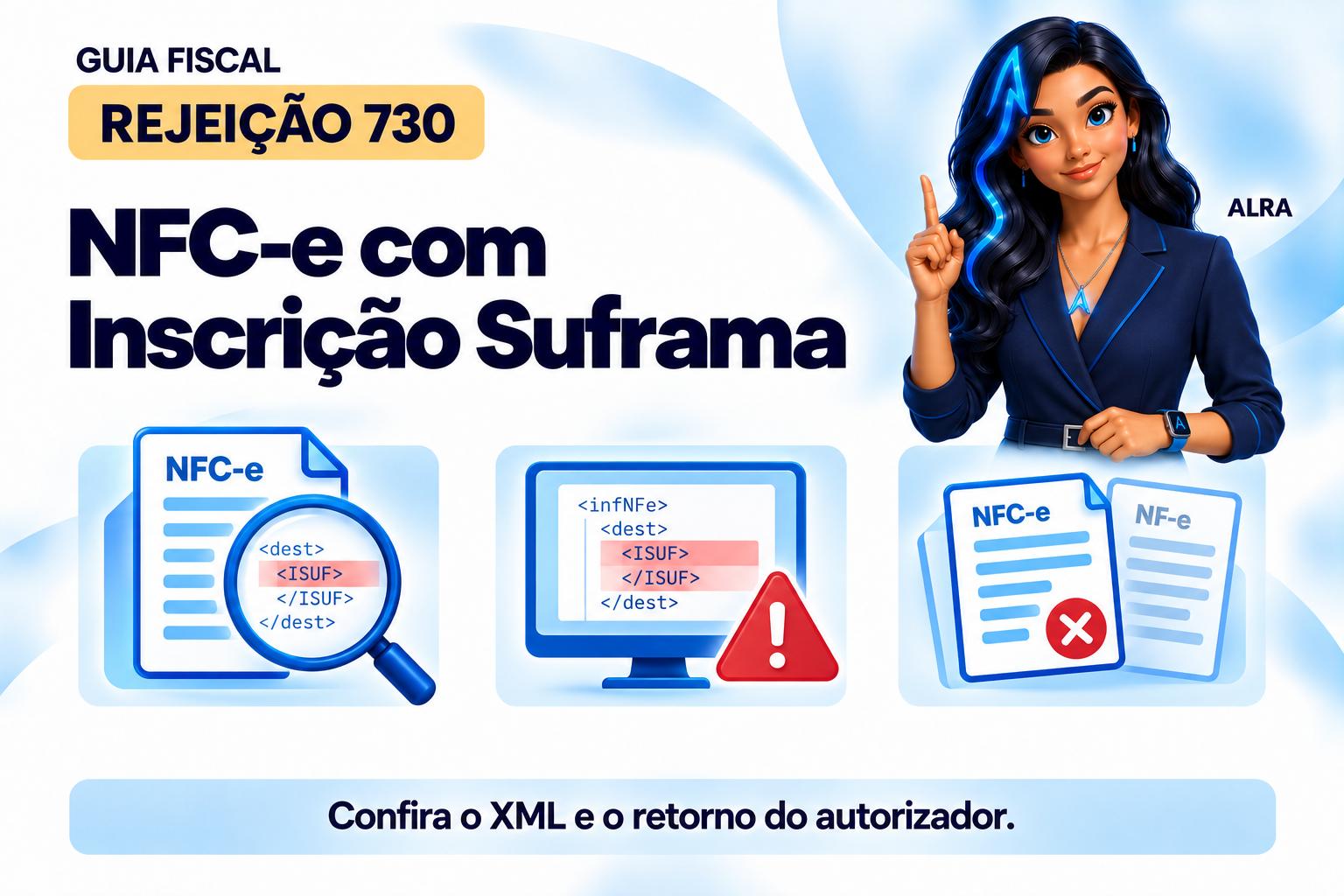 Capa ilustrada da ALRA: Rejeição 730: NFC-e com Inscrição Suframa.