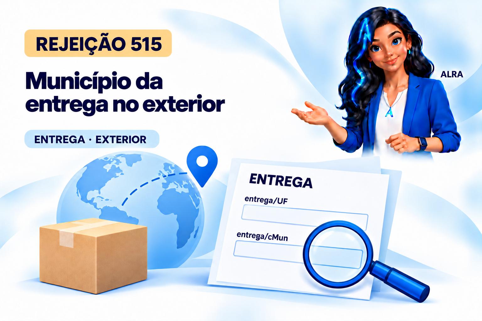 Capa ilustrada da ALRA: Rejeição 515: como acertar o município do local de entrega no exterior.