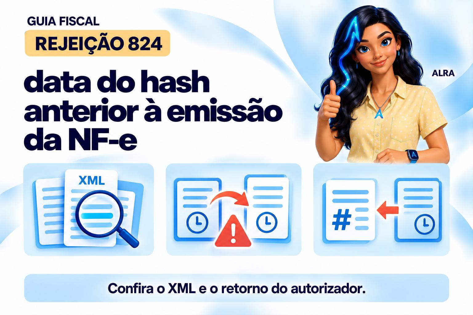 Capa ilustrada da ALRA: Rejeição 824: data do hash anterior à emissão da NF-e.