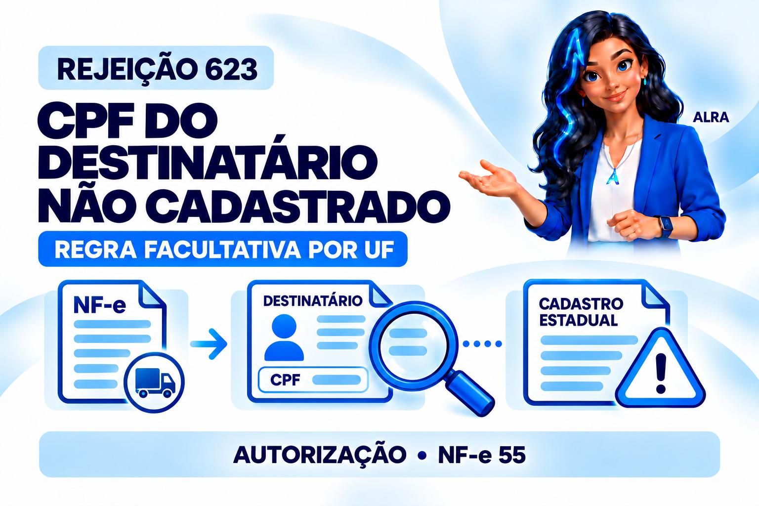 Capa ilustrada da ALRA: Rejeição 623: CPF do destinatário não cadastrado.