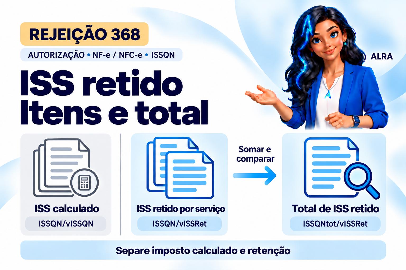 Capa ilustrada da ALRA: Rejeição 368 na NF-e: totalize o ISS retido sem confundi-lo com o ISS calculado.