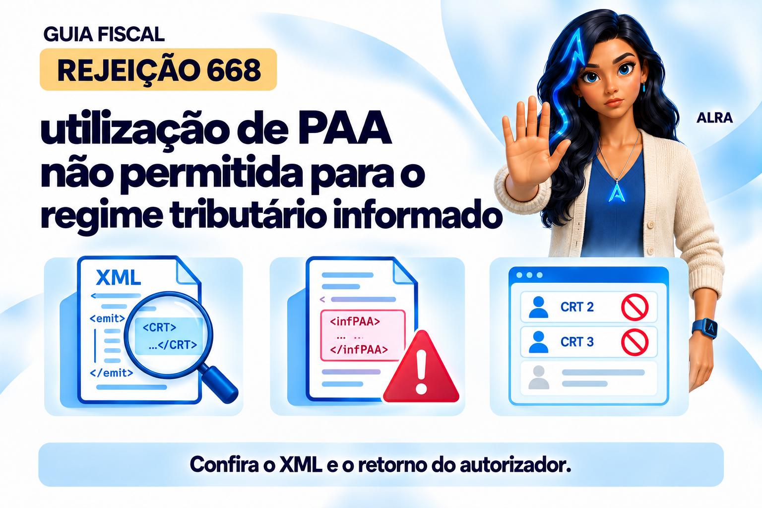 Capa ilustrada da ALRA: Rejeição 668: utilização de PAA não permitida para o regime tributário informado.