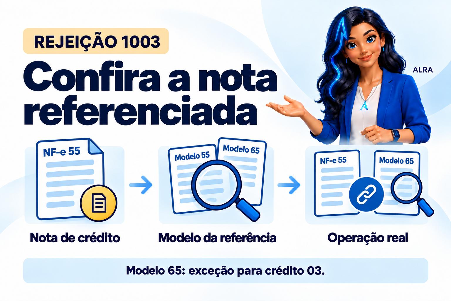 Capa ilustrada da ALRA: Rejeição 1003: confira o modelo da nota referenciada e a exceção de retorno.