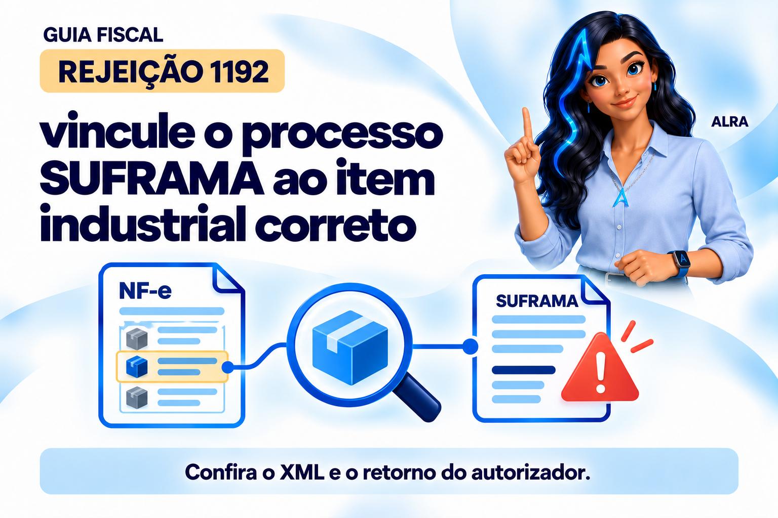Capa ilustrada da ALRA: Rejeição 1192: vincule o processo SUFRAMA ao item industrial correto.