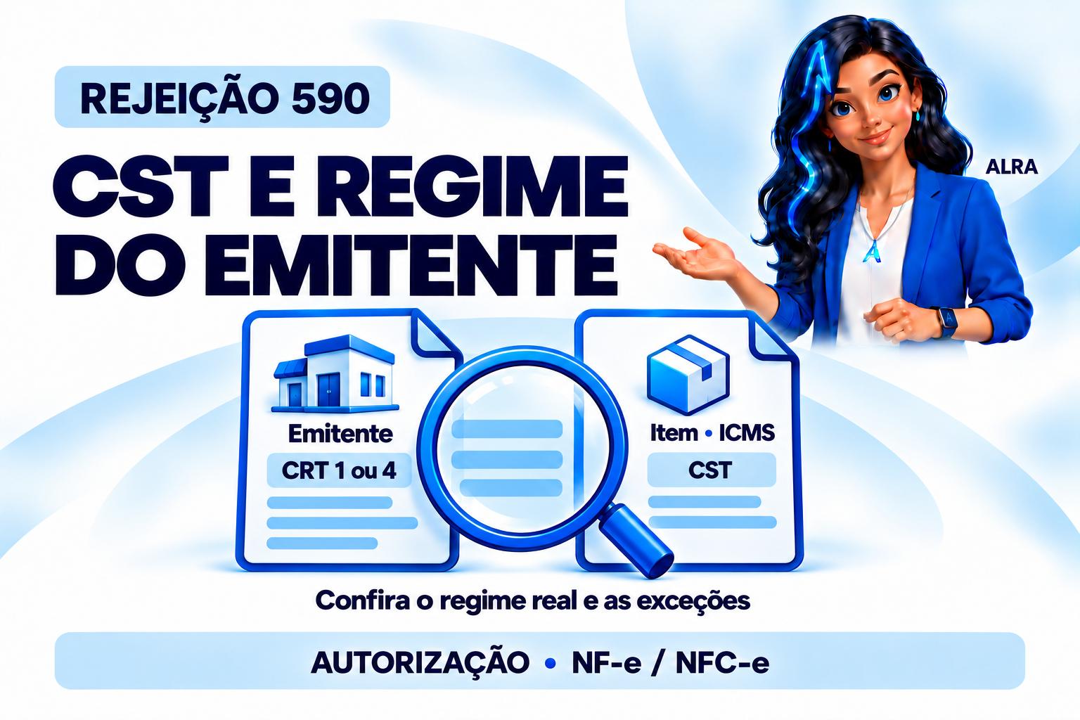 Capa ilustrada da ALRA: Rejeição 590 na NF-e e NFC-e: como conferir CST, CSOSN e o regime da empresa.