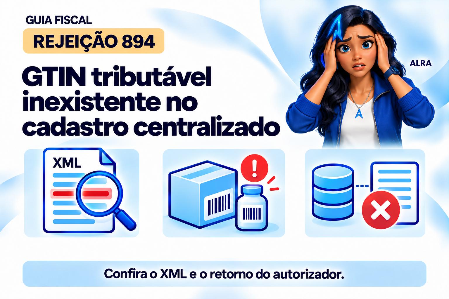 Capa ilustrada da ALRA: Rejeição 894: GTIN tributável inexistente no cadastro centralizado.