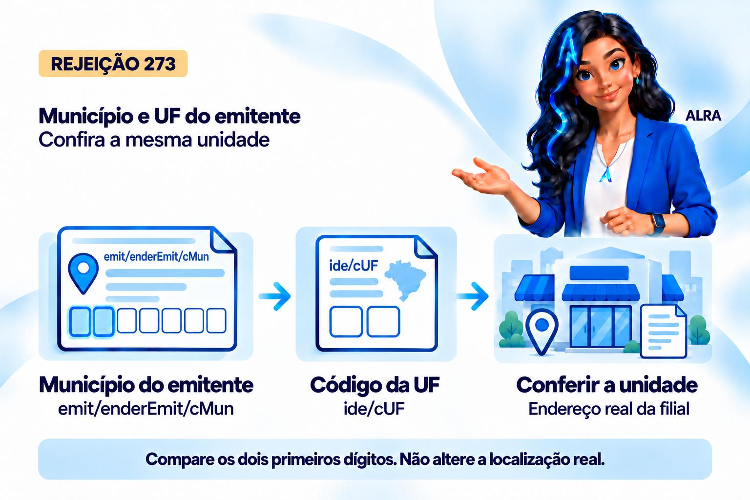 Capa ilustrada da ALRA: Rejeição 273: como ajustar município e UF do emitente.