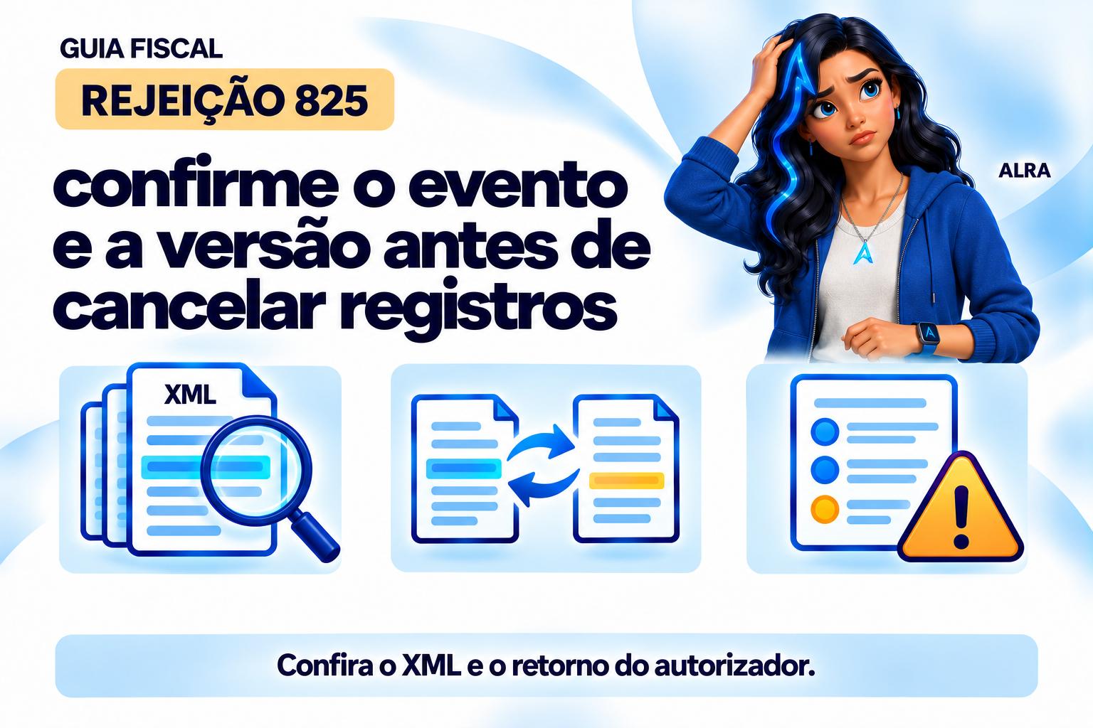 Capa ilustrada da ALRA: Rejeição 825: confirme o evento e a versão antes de cancelar registros.