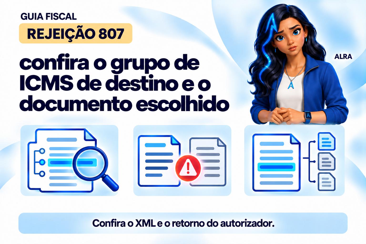 Capa ilustrada da ALRA: Rejeição 807: confira o grupo de ICMS de destino e o documento escolhido.