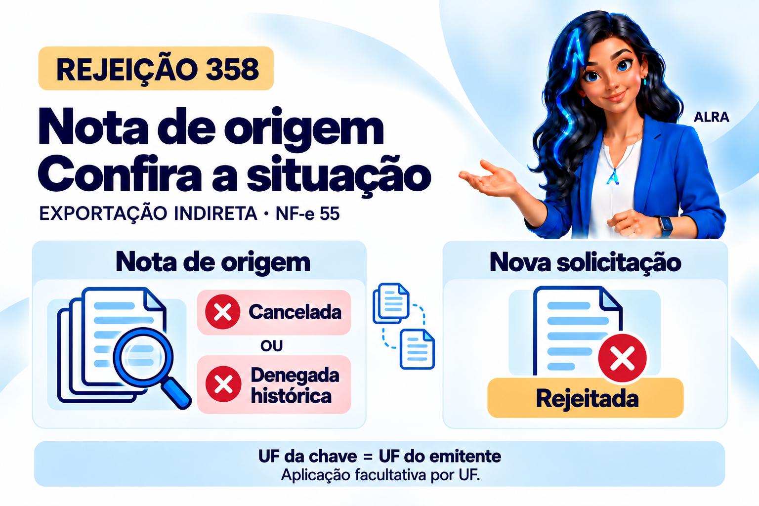 Capa ilustrada da ALRA: Rejeição 358: o que fazer quando a nota da exportação indireta está cancelada ou denegada.