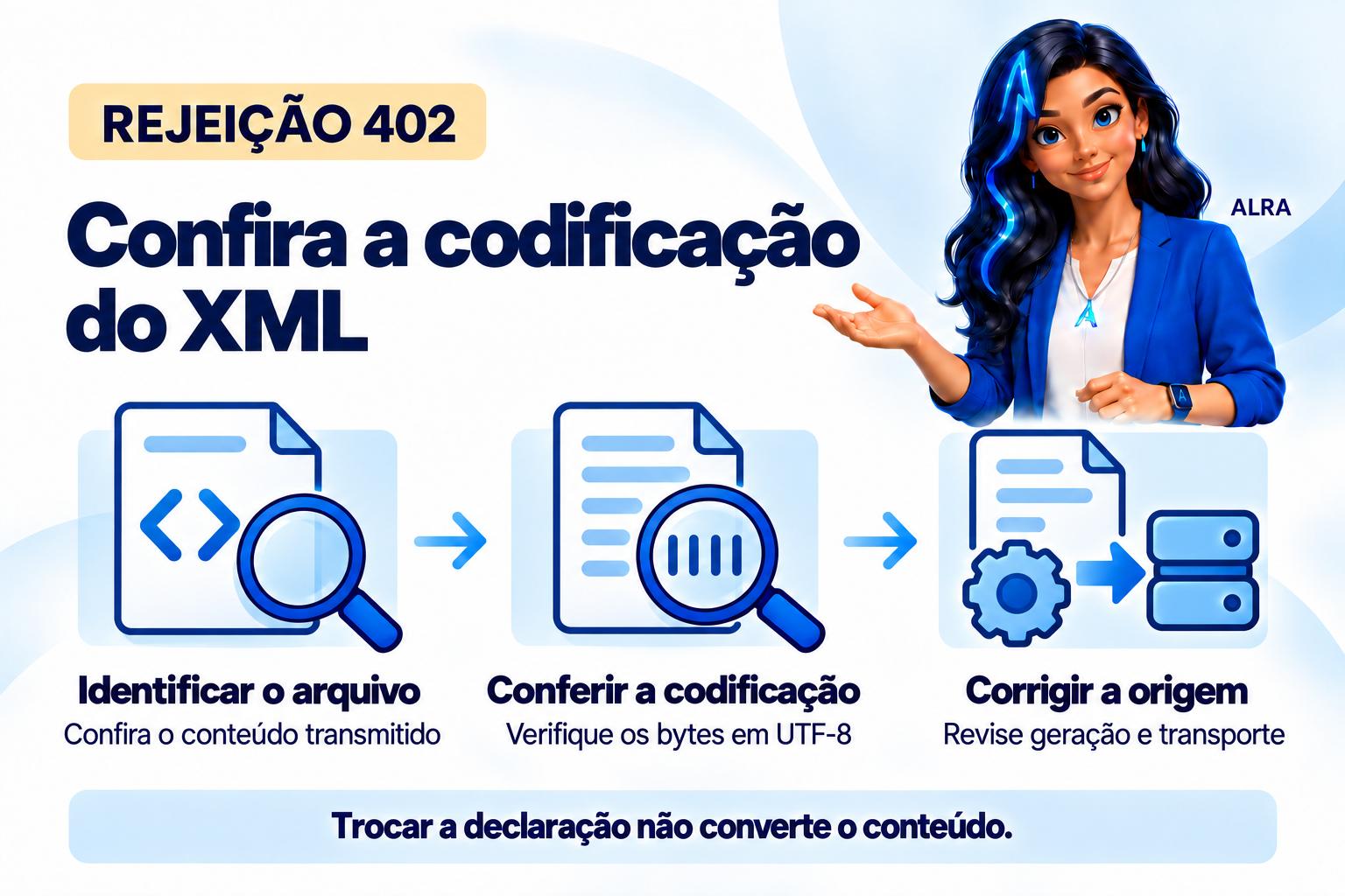 Capa ilustrada da ALRA: Rejeição 402: como corrigir a codificação UTF-8 do XML.