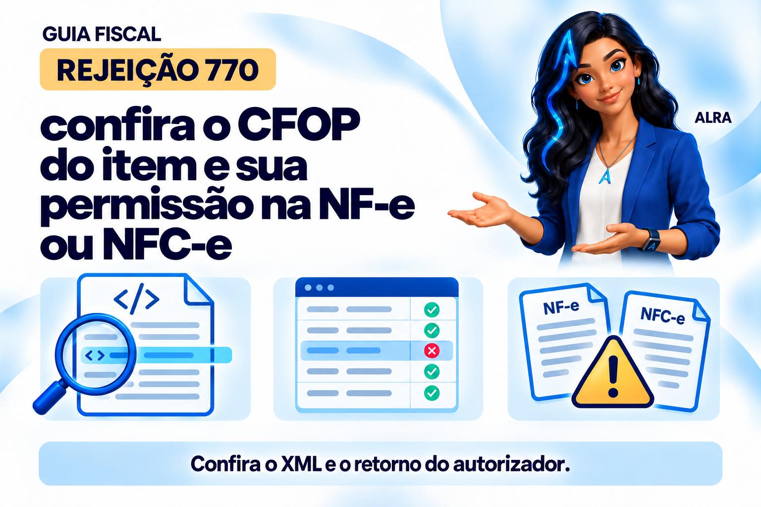 Capa ilustrada da ALRA: Rejeição 770: confira o CFOP do item e sua permissão na NF-e ou NFC-e.