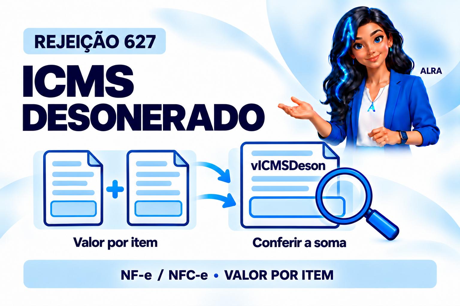 Capa ilustrada da ALRA: Rejeição 627: confira o valor do ICMS desonerado em cada item.
