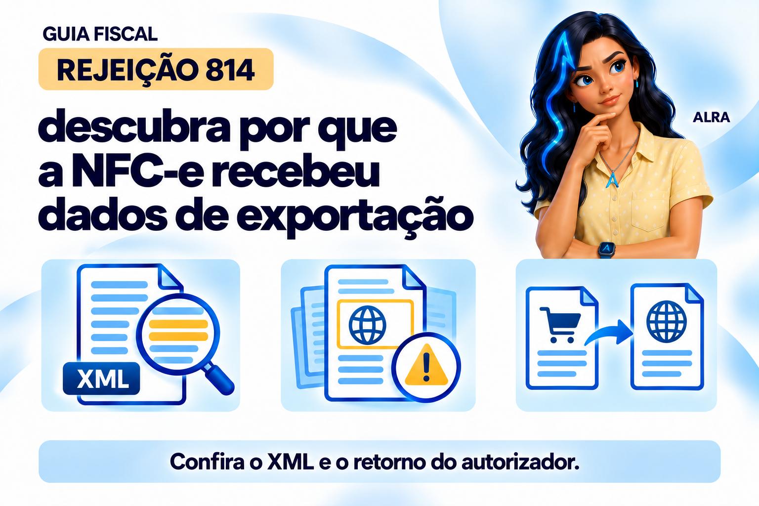 Capa ilustrada da ALRA: Rejeição 814: descubra por que a NFC-e recebeu dados de exportação.