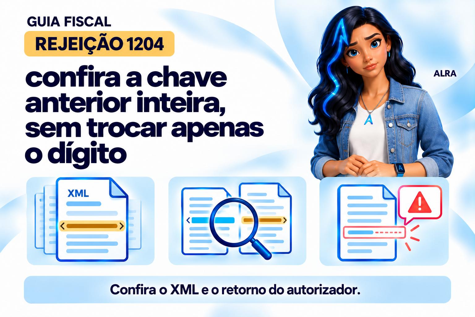 Capa ilustrada da ALRA: Rejeição 1204: confira a chave anterior inteira, sem trocar apenas o dígito.