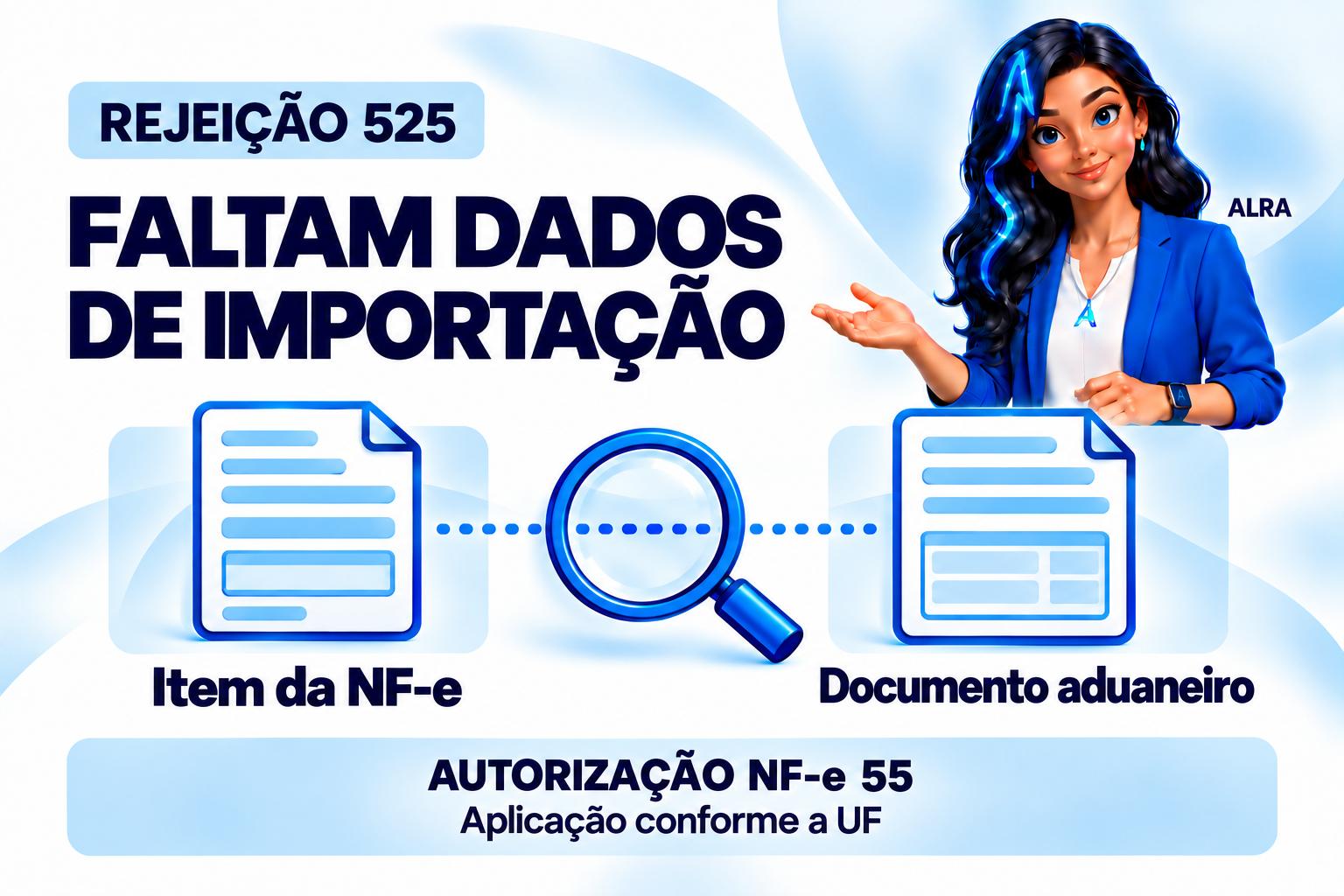 Capa ilustrada da ALRA: Rejeição 525 na NF-e quando faltam os dados de importação.