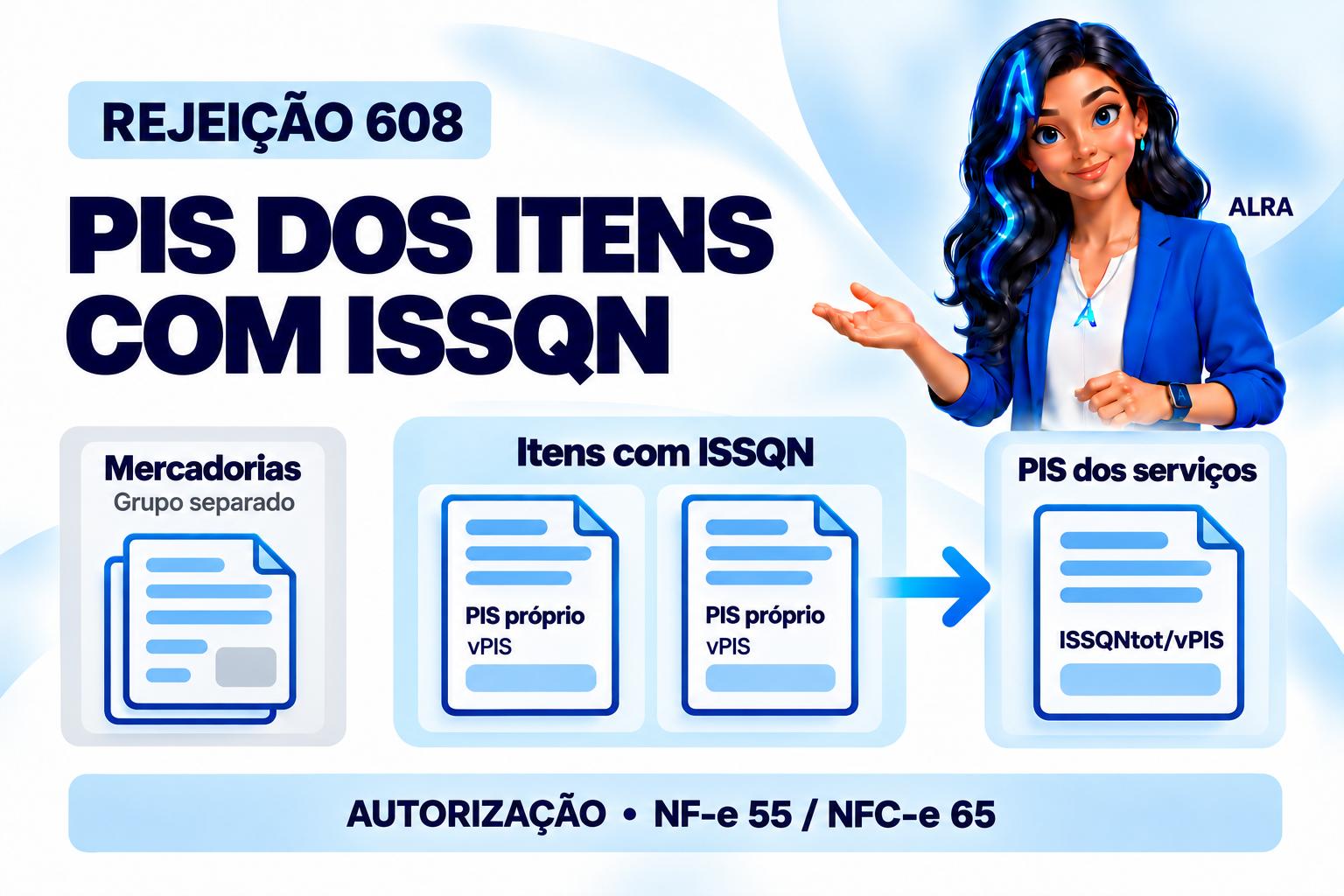 Capa ilustrada da ALRA: Rejeição 608 na NF-e e NFC-e: como separar o PIS dos itens ISSQN.