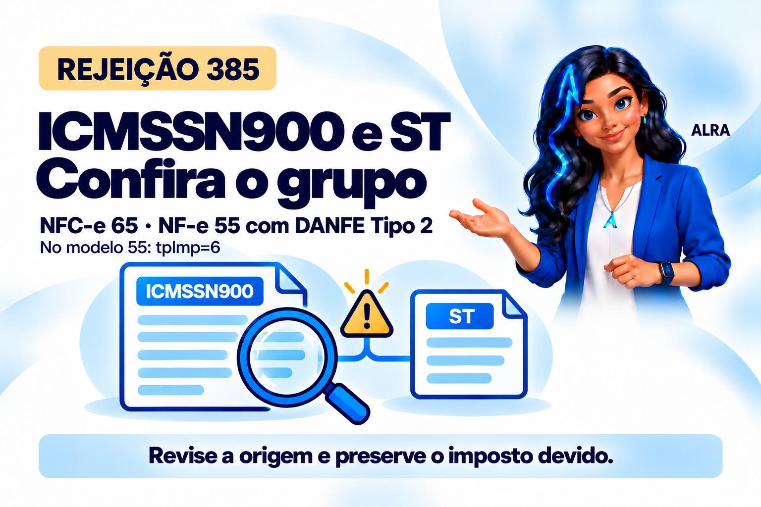 Capa ilustrada da ALRA: Rejeição 385: confira os dados de ST no grupo ICMSSN900.