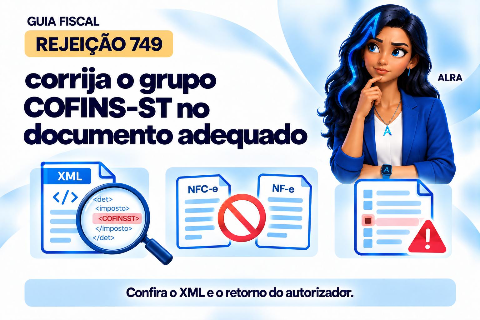 Capa ilustrada da ALRA: Rejeição 749: corrija o grupo COFINS-ST no documento adequado.