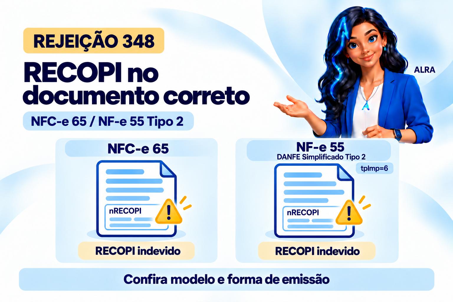 Capa ilustrada da ALRA: Rejeição 348: RECOPI na NFC-e ou na NF-e com DANFE Simplificado Tipo 2.