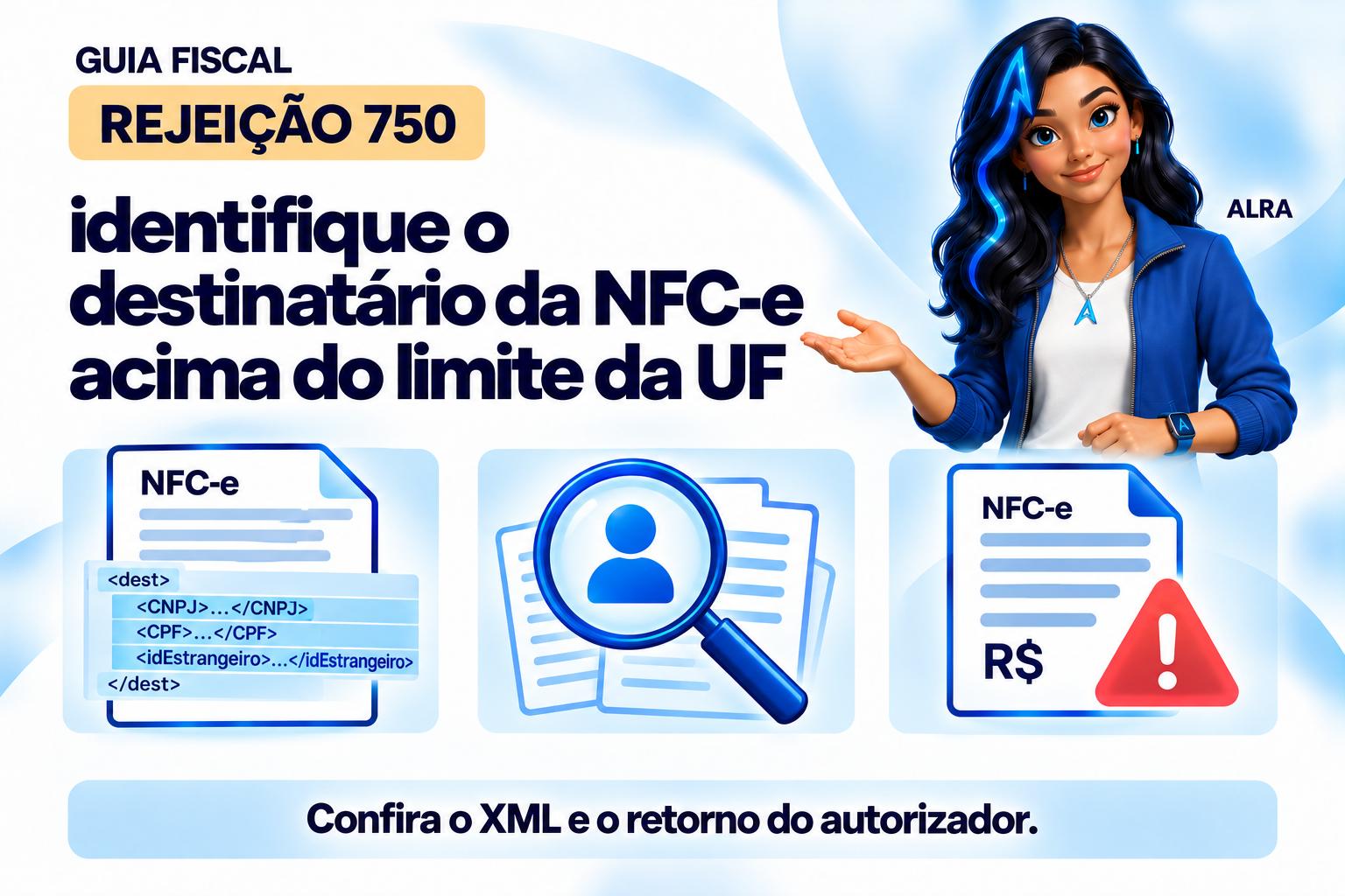 Capa ilustrada da ALRA: Rejeição 750: identifique o destinatário da NFC-e acima do limite da UF.