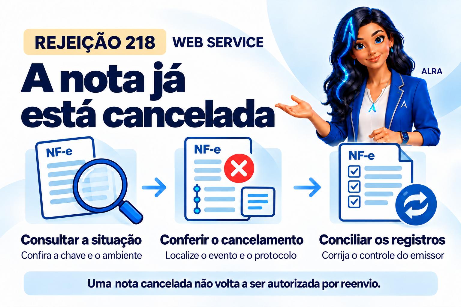 Capa ilustrada da ALRA: Rejeição 218: a identificação enviada pertence a uma nota cancelada.