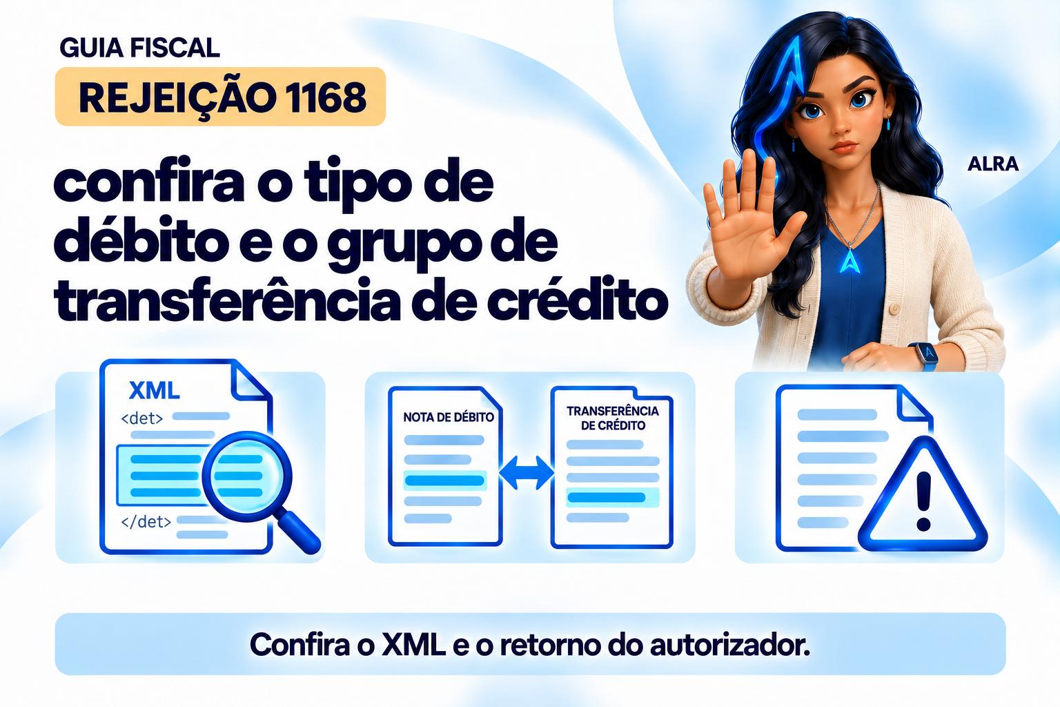 Capa ilustrada da ALRA: Rejeição 1168: confira o tipo de débito e o grupo de transferência de crédito.