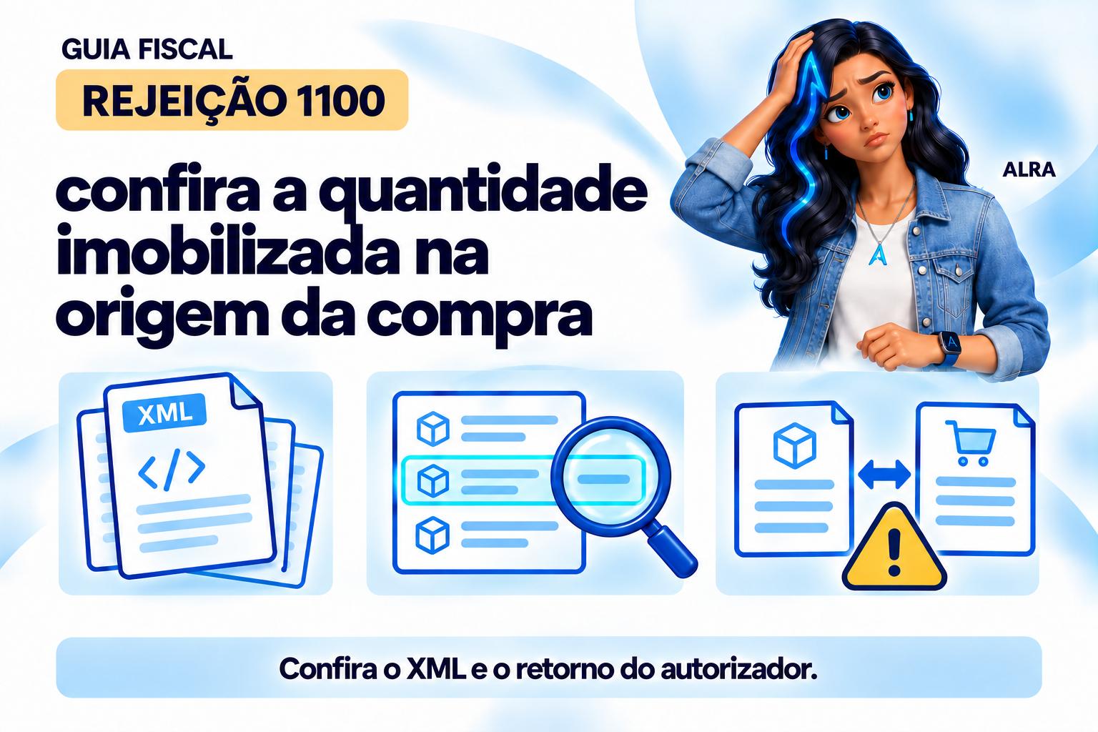 Capa ilustrada da ALRA: Rejeição 1100: confira a quantidade imobilizada na origem da compra.