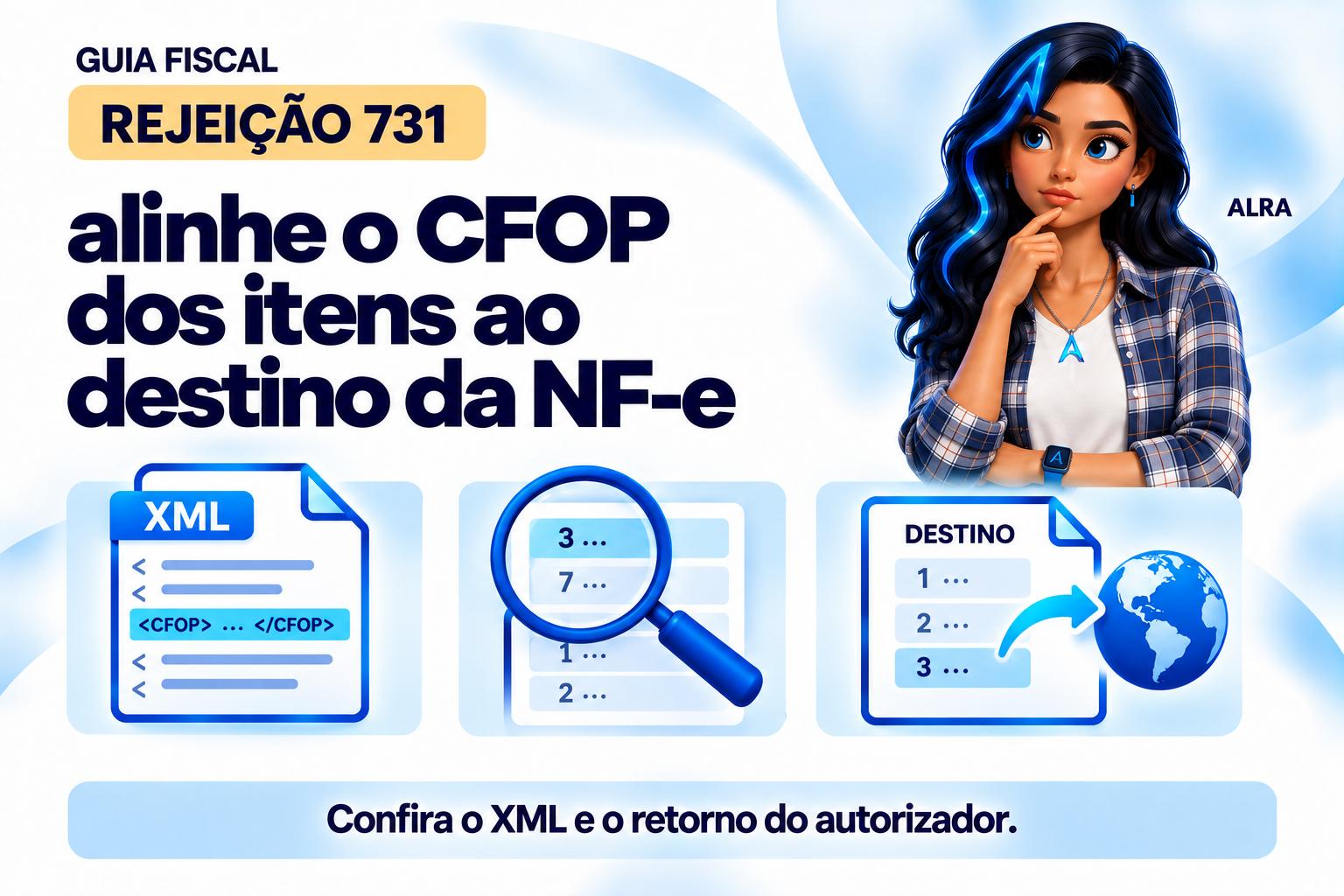 Capa ilustrada da ALRA: Rejeição 731: alinhe o CFOP dos itens ao destino da NF-e.