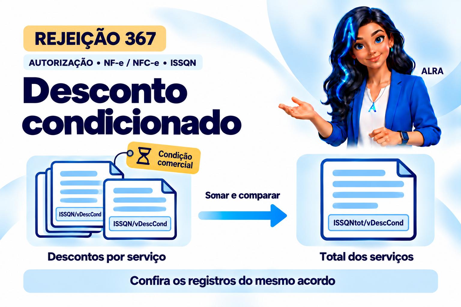 Capa ilustrada da ALRA: Rejeição 367 na NF-e: separe o desconto condicionado e confira sua totalização.
