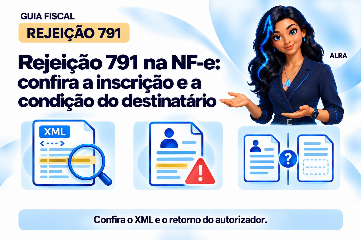 Capa ilustrada da ALRA: Rejeição 791 na NF-e: confira a inscrição e a condição do destinatário.