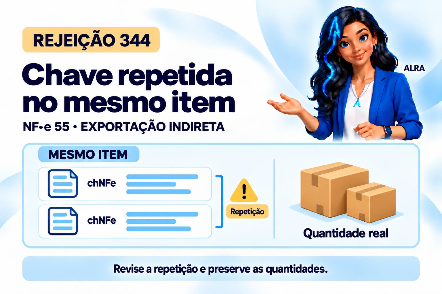 Capa ilustrada da ALRA: Rejeição 344: como eliminar a chave repetida no mesmo item da exportação indireta.