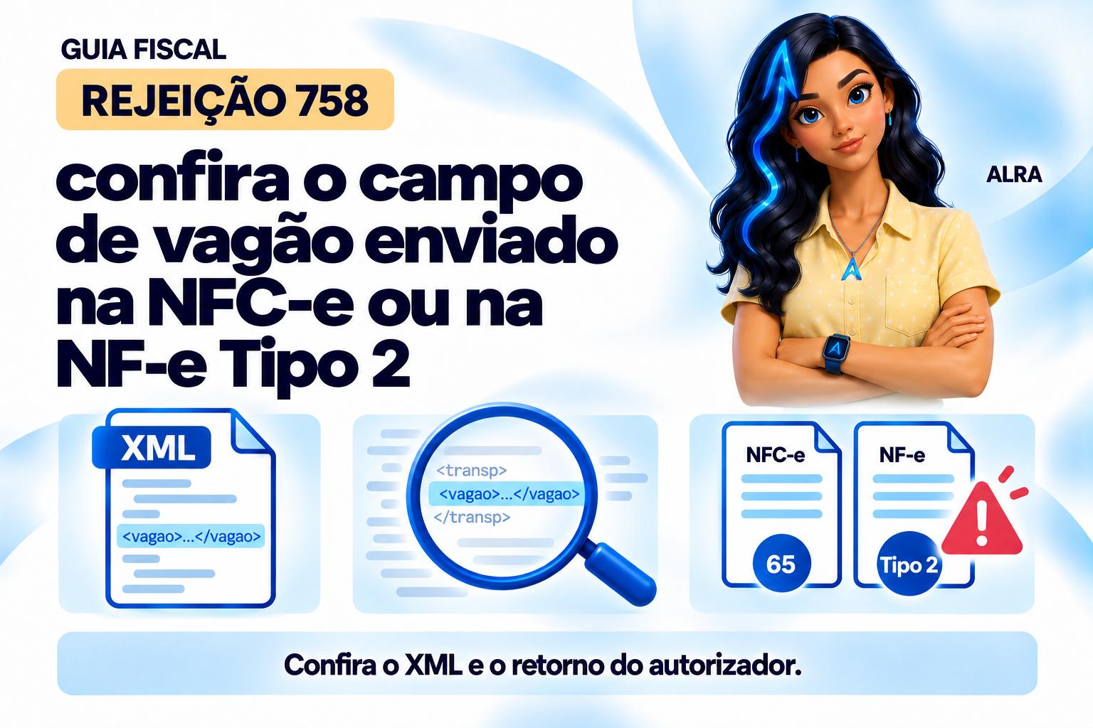 Capa ilustrada da ALRA: Rejeição 758: confira o campo de vagão enviado na NFC-e ou na NF-e Tipo 2.