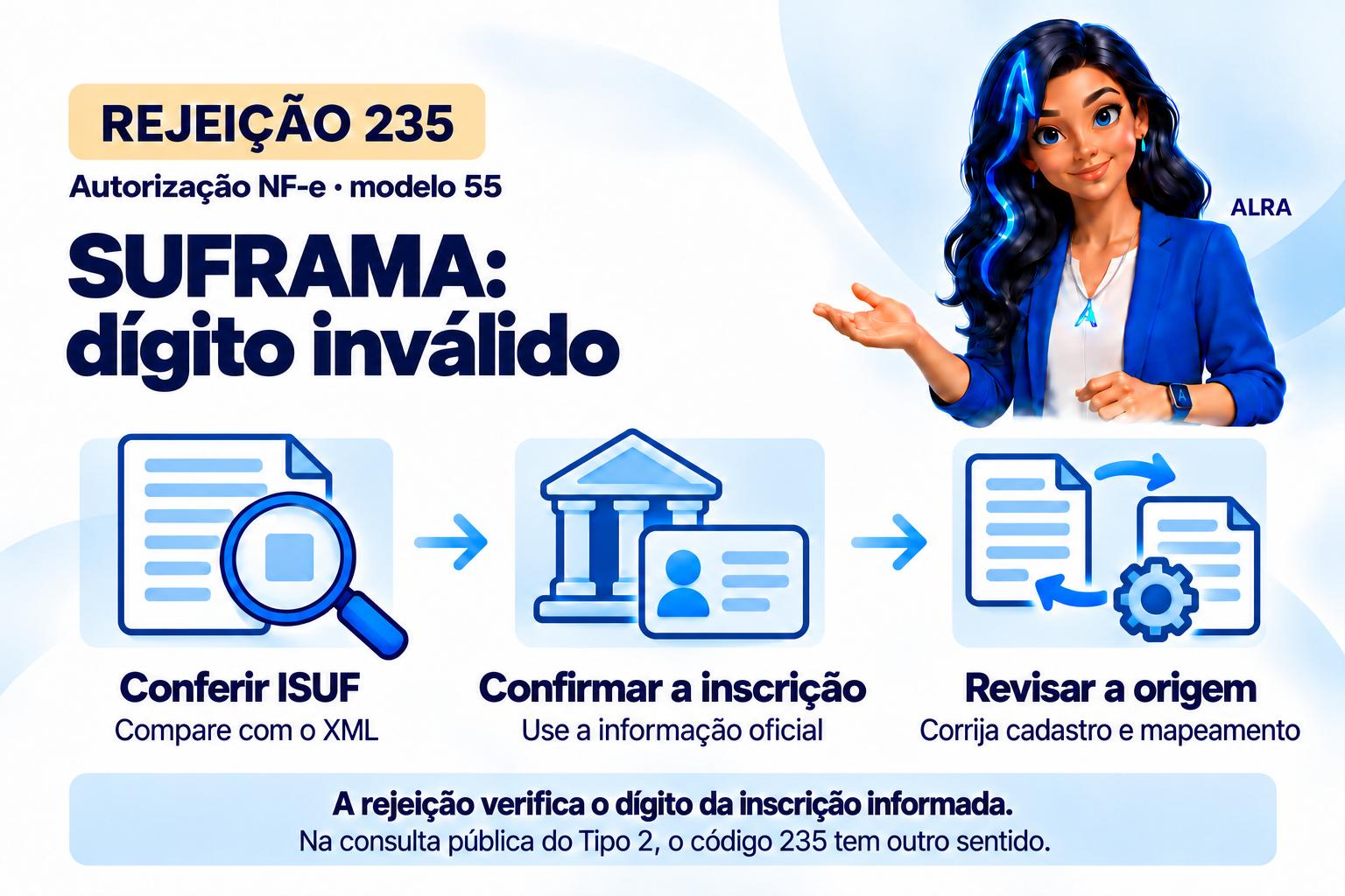 Capa ilustrada da ALRA: Rejeição 235 da NF-e e inscrição SUFRAMA inválida.