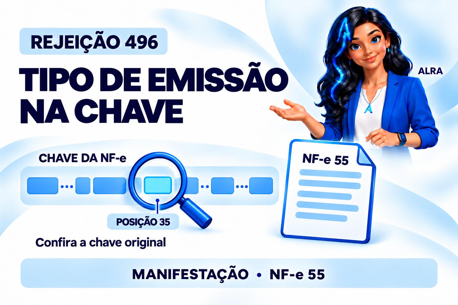 Capa ilustrada da ALRA: Rejeição 496 na manifestação da NF-e: verifique o tipo de emissão na chave.