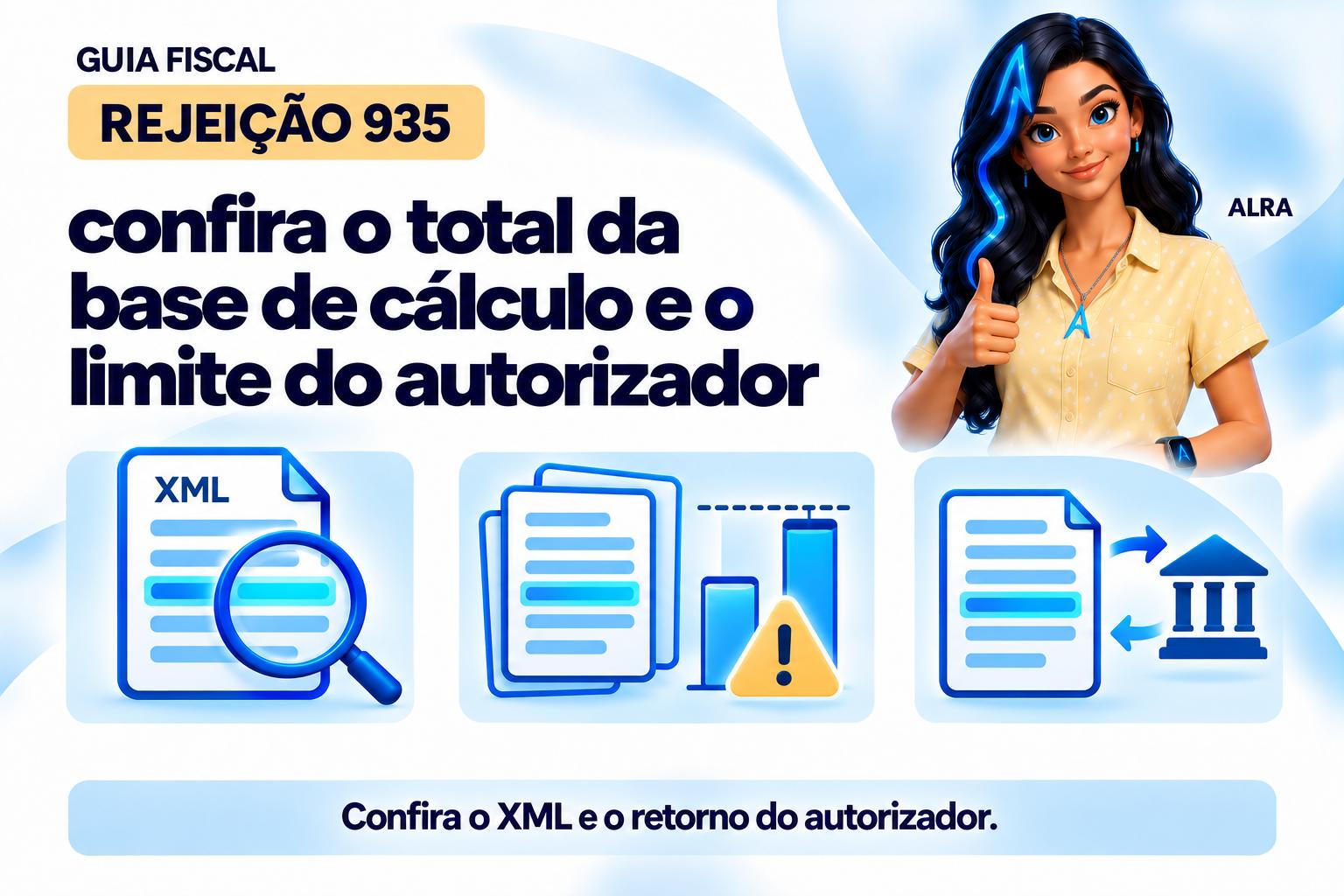 Capa ilustrada da ALRA: Rejeição 935: confira o total da base de cálculo e o limite do autorizador.